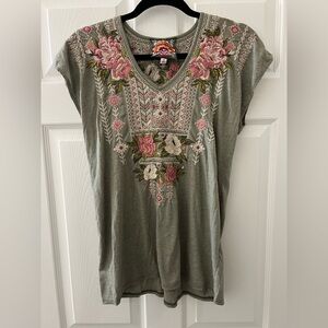 Johnny Was Embroidered Floral Green Top